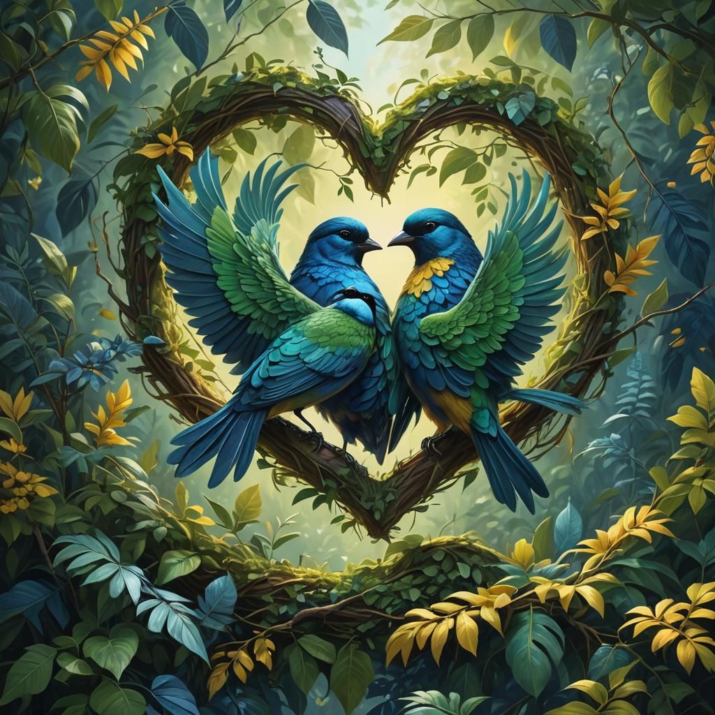 Birds Form Heart in Fantasy Oil Painting