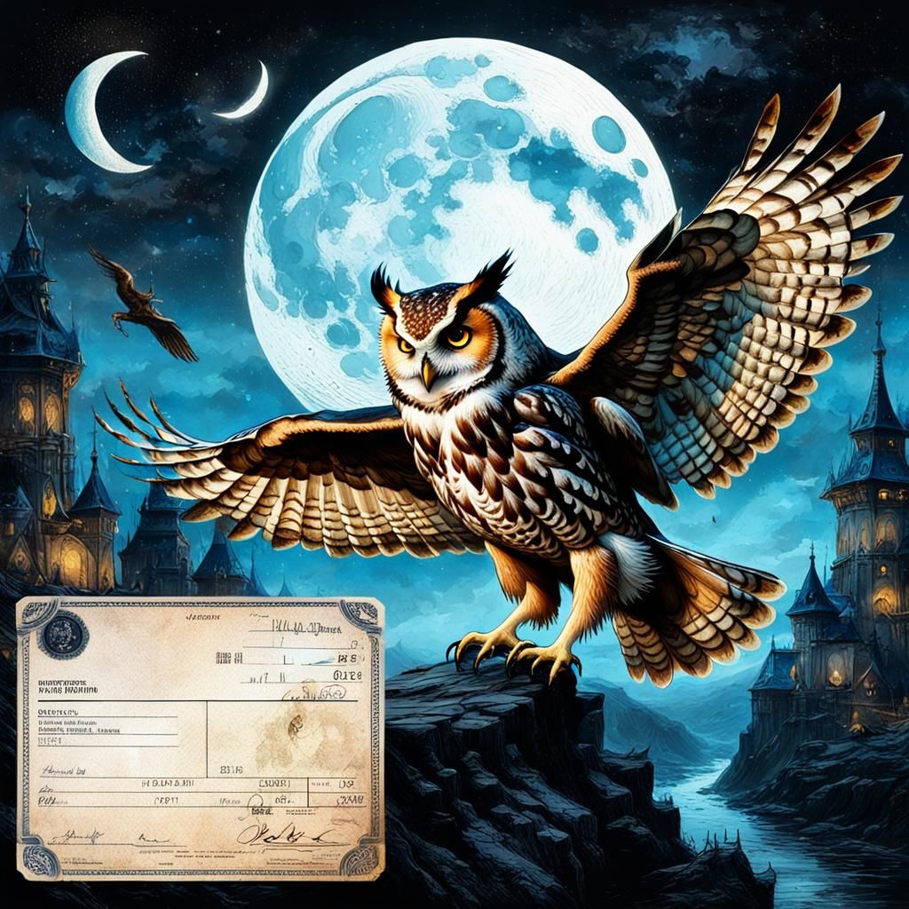 Owl Hunting at Night: Vintage Mixed Media Illustration