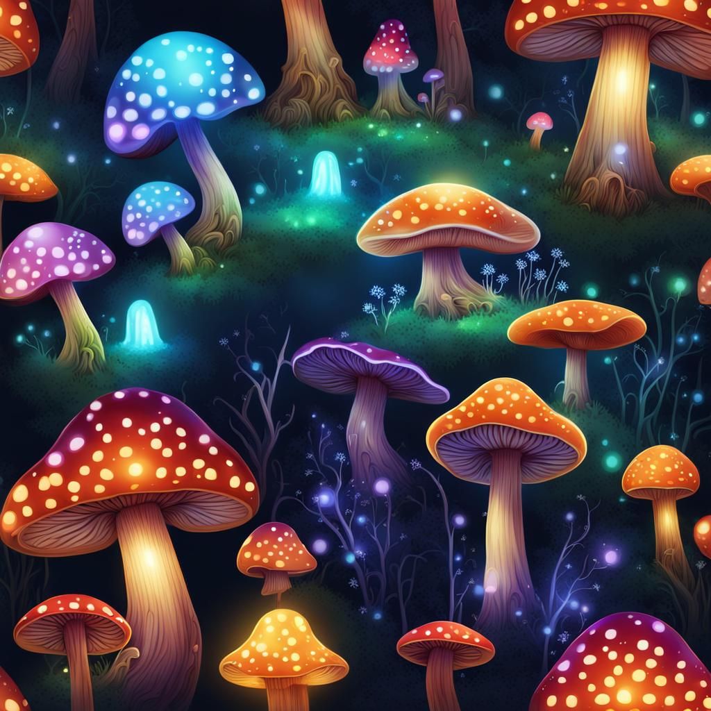 Glowing Fantasy Mushrooms in Sparkling Forest