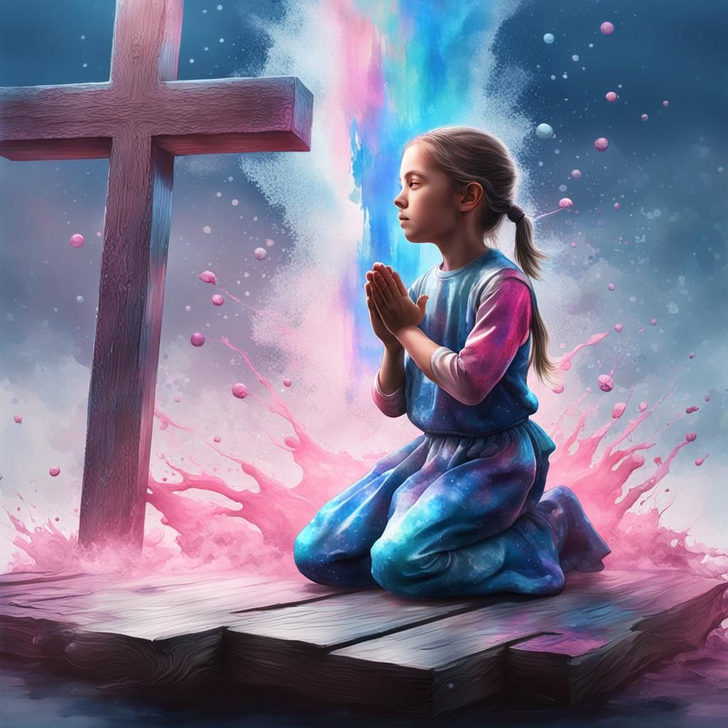 Child Praying at Cross with Watercolor Splash in Digital Art