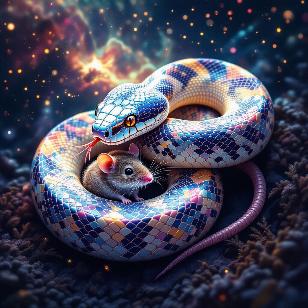 Holographic Astral Snake Consuming Mouse Illustration