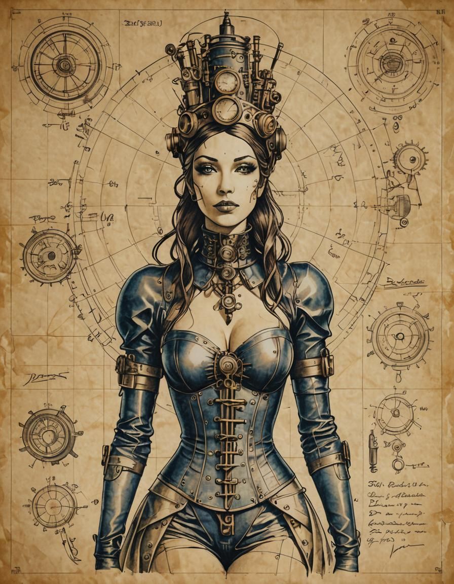 Steampunk Goddess Blueprint on Wrinkled Paper