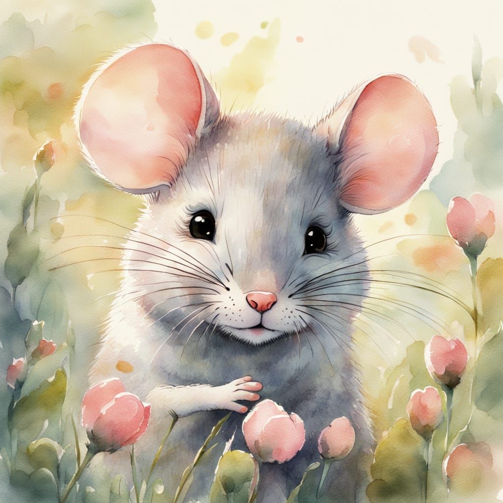 Watercolor Mouse with Pink Cheeks in Sunlight