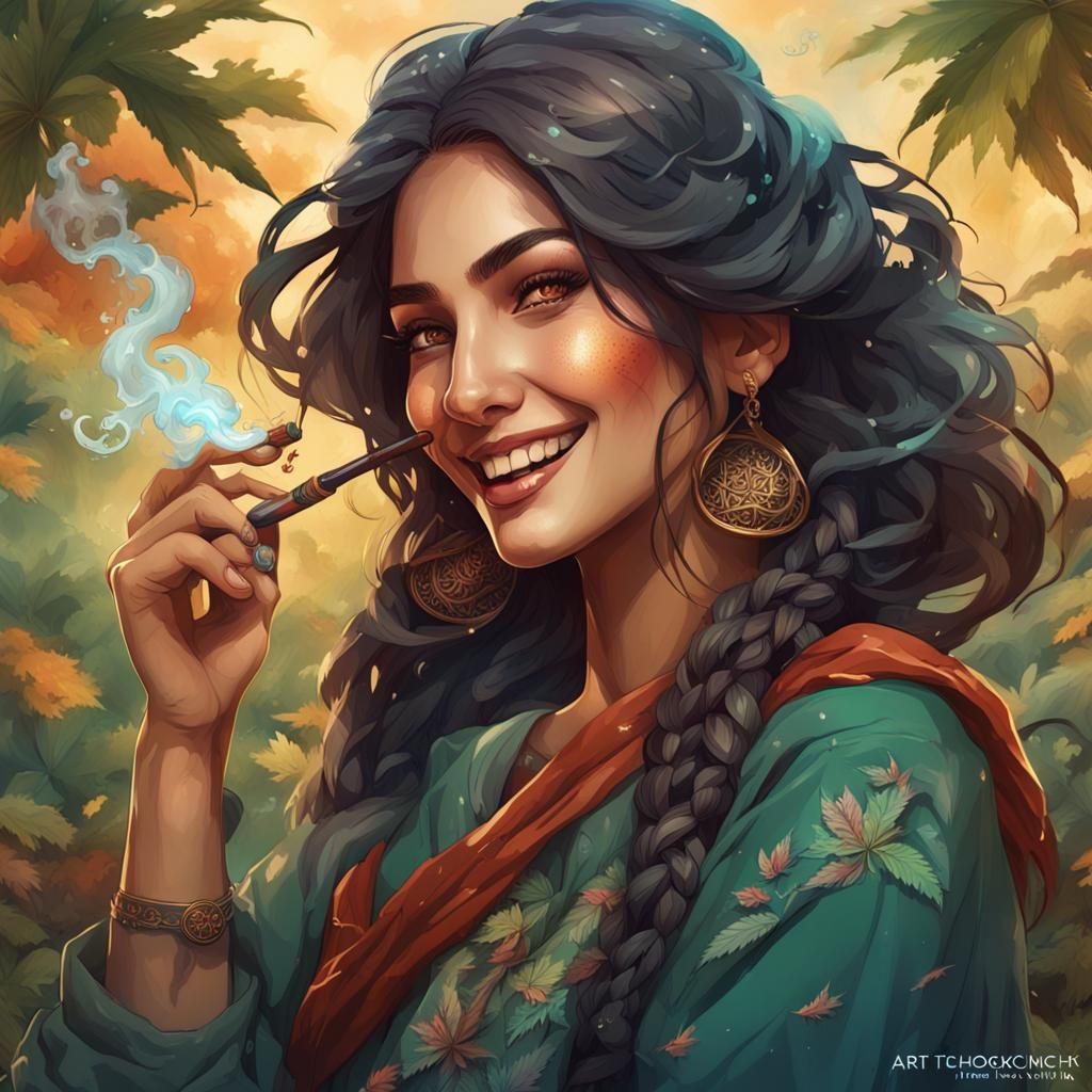 Iranian Woman Portrait in Garden, Splash Art Style