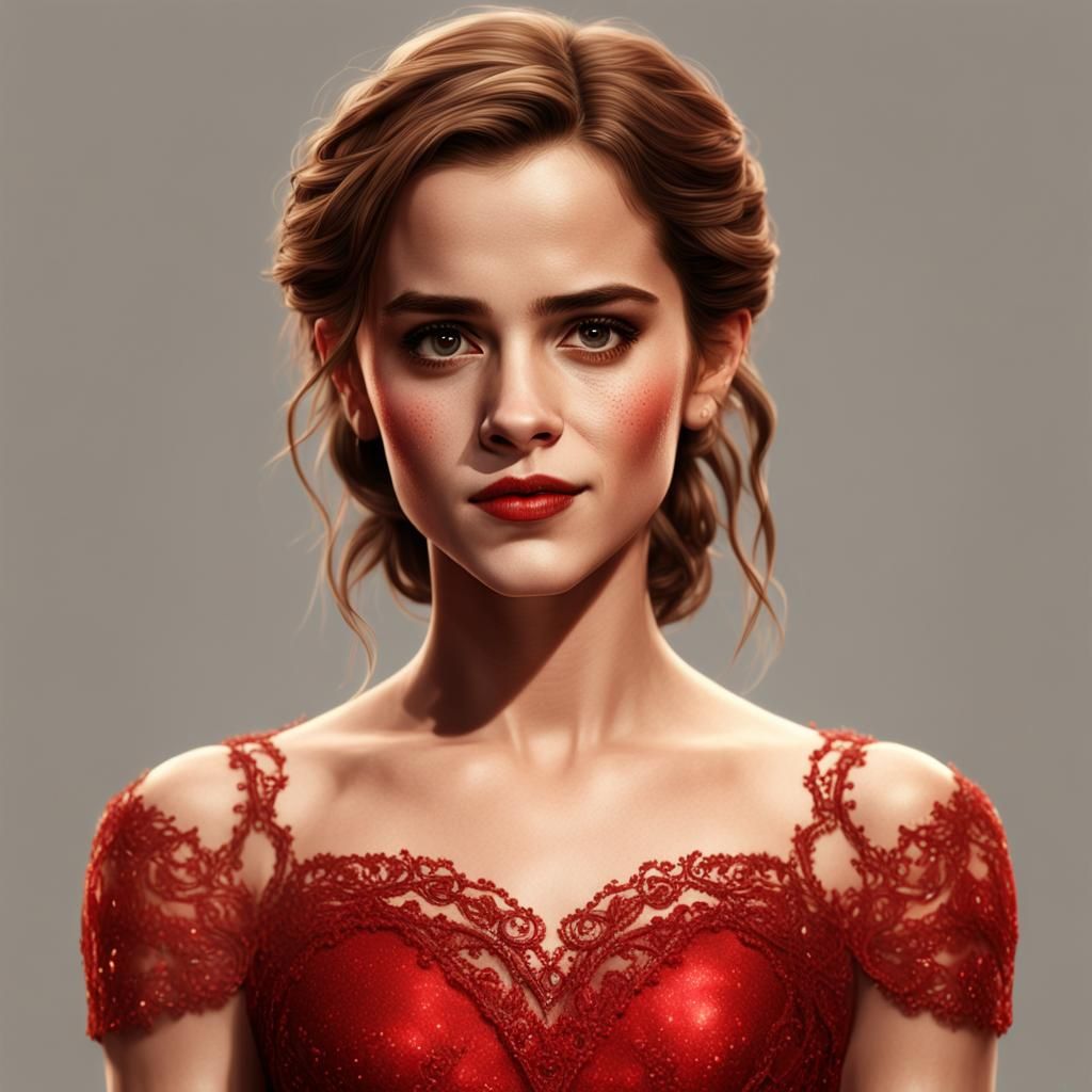 Woman in Red Heart Gown, Hyperrealistic Digital Art