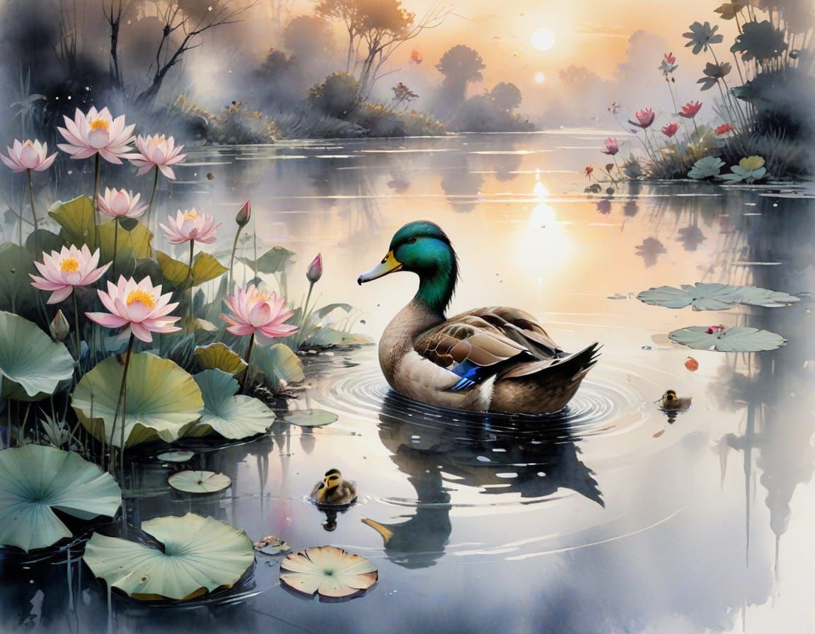 Mother Duck and Ducklings in Chinese Ink Wash Style