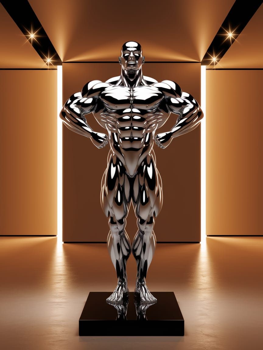 Polished Chrome Statue of a Hyper-Muscular Bodybuilder