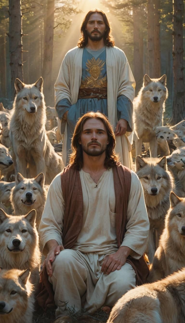 Jesus and Wolves in James Jean Fantasy Style