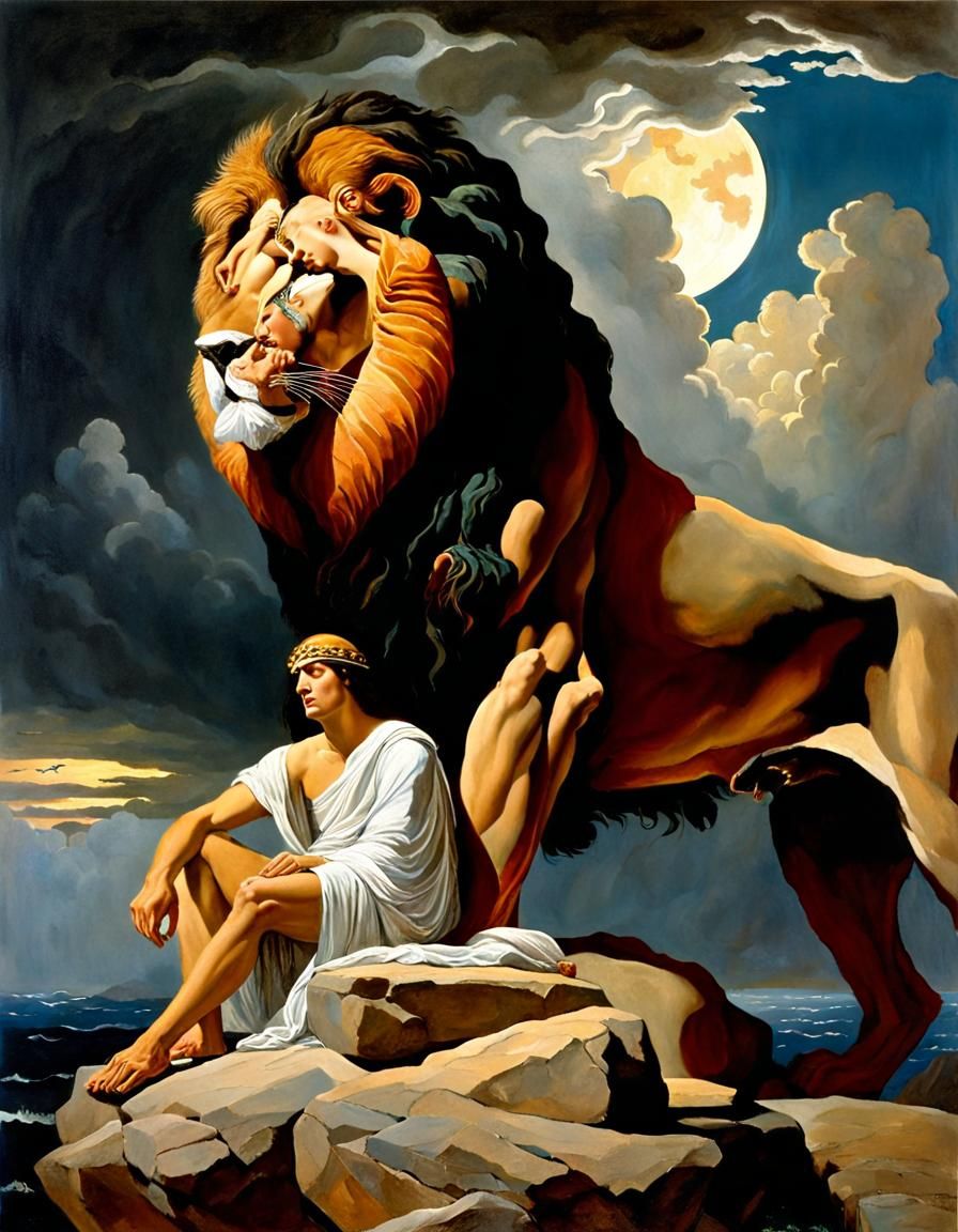 the sphinx, a very beautiful woman with the body of a lion