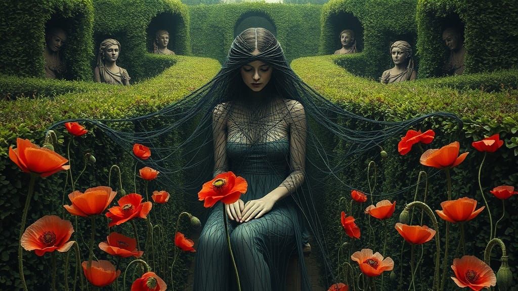 Surreal String Woman in Poppy Maze, Gothic Horror Style