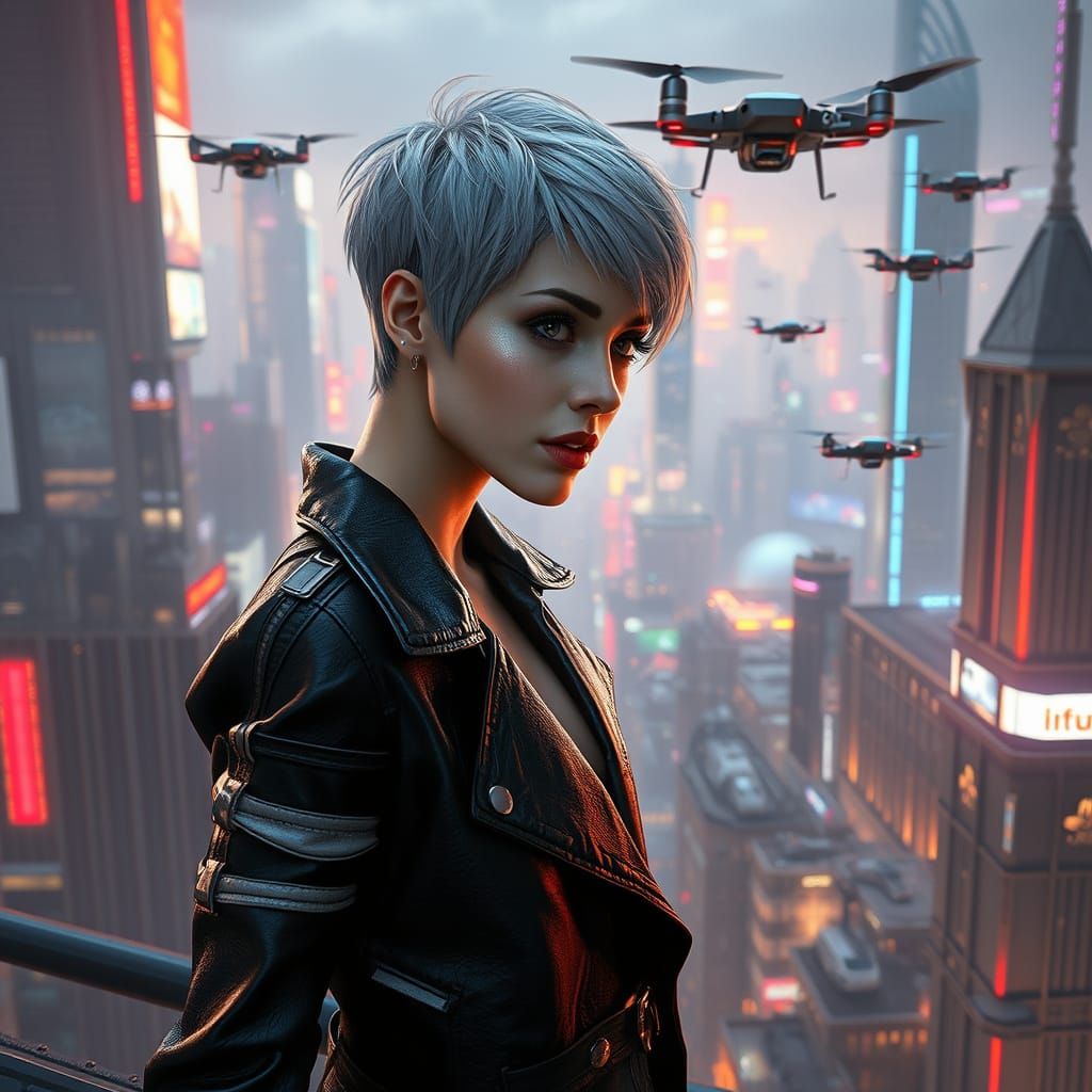Futuristic Woman Surveys Cyberpunk Cityscape