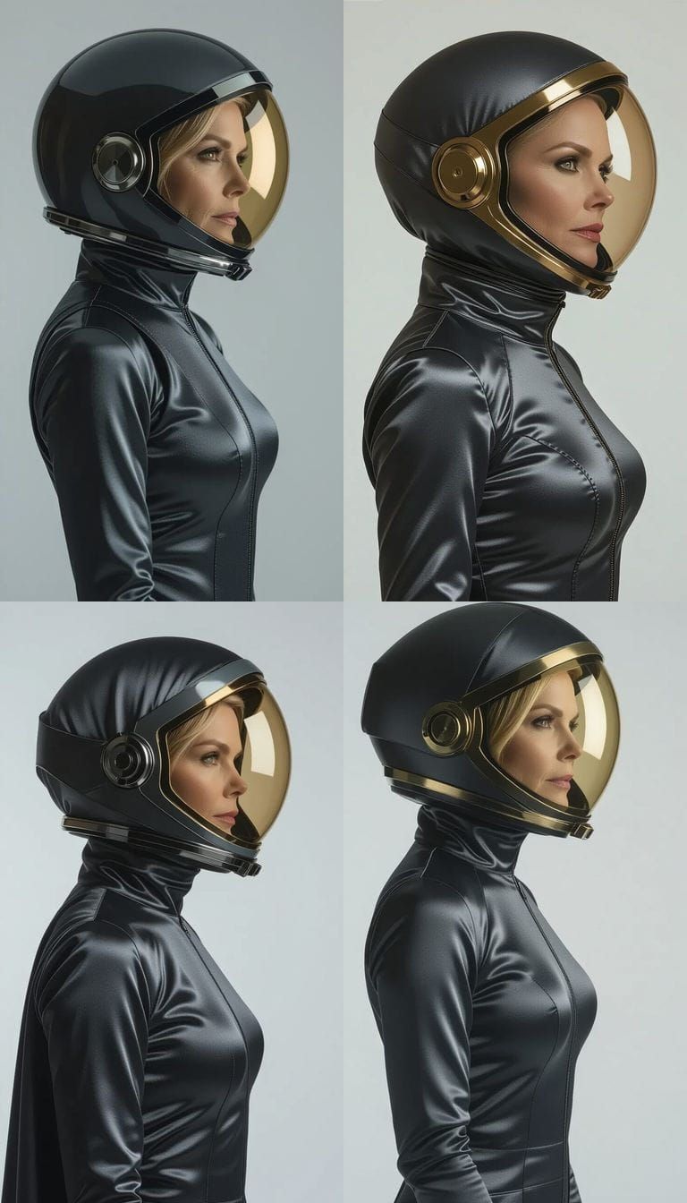 Bald Actress in Gold Visor Cocoon Spacesuit