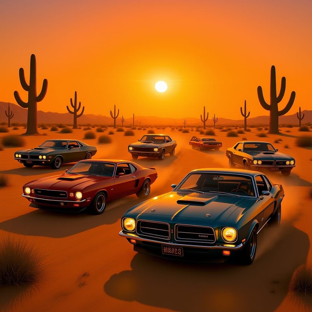Classic Muscle Cars Speeding Through Desert at Sunset