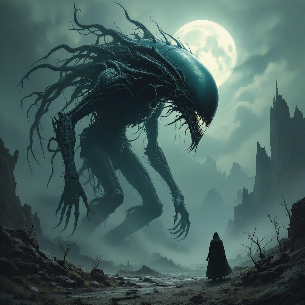 Eldritch Creature in Motion: A Gothic Biomechanical Horror
