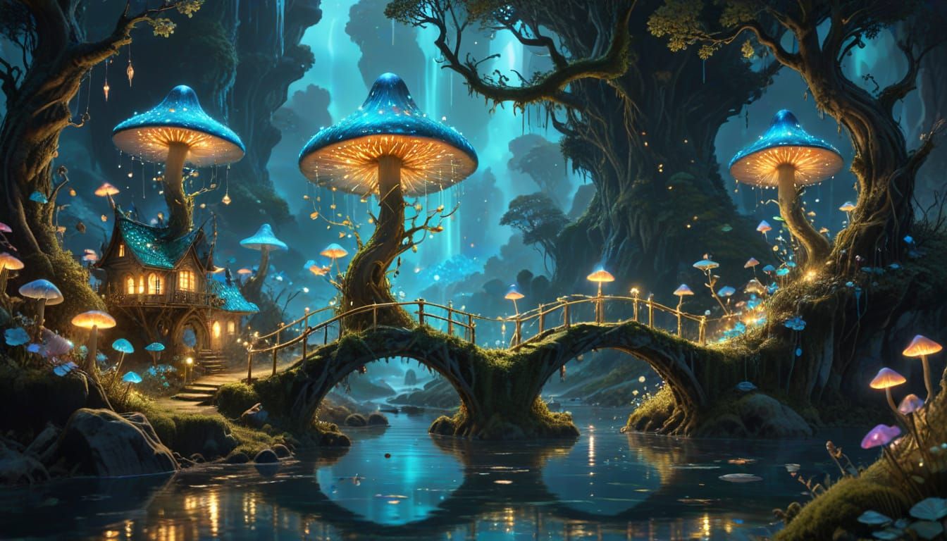 Bioluminescent Forest with Auroras and Fairy Villages