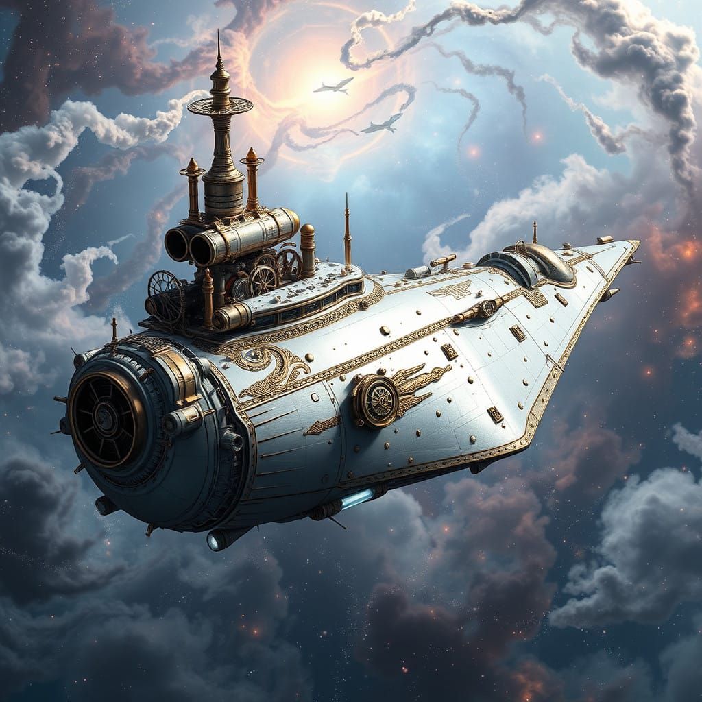 Futuristic Steampunk Galaxy-class Starship in Dreamlike Nebu...