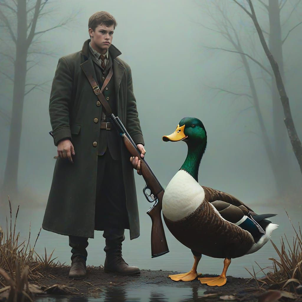 Hunter Hands Shotgun to Duck in Role Reversal