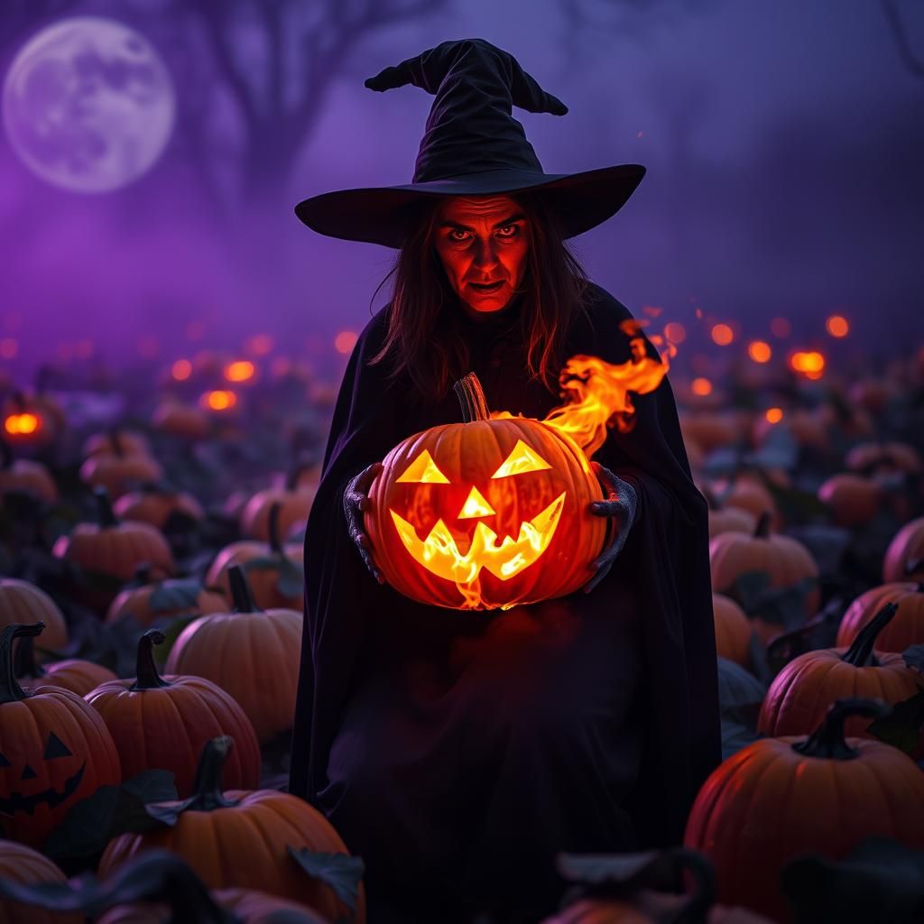 Menacing Witch with Flaming Jack-o'-Lantern