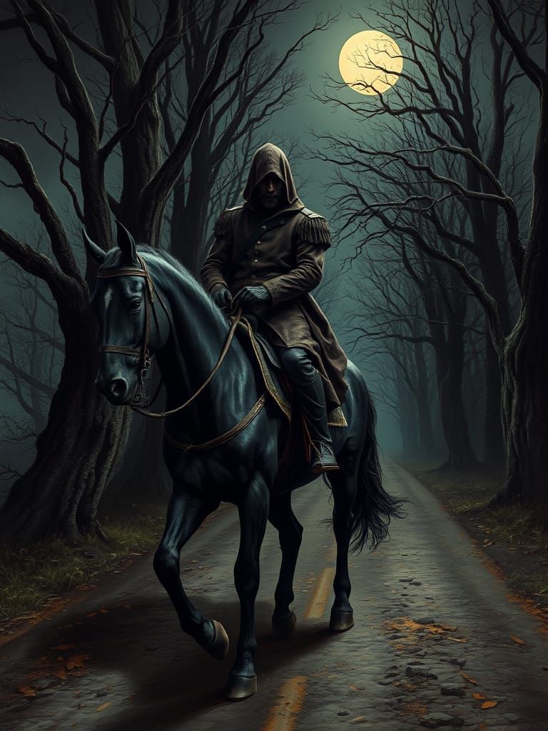 Headless Hessian Horseman on Dark Eerie Road