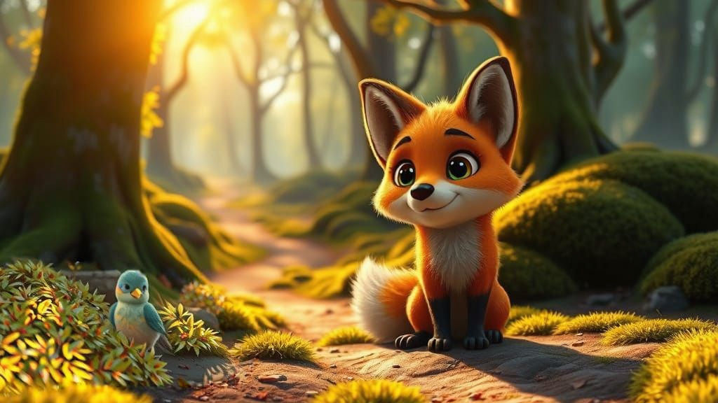 Cute Small Fox in Forest, Pixar Animation Style