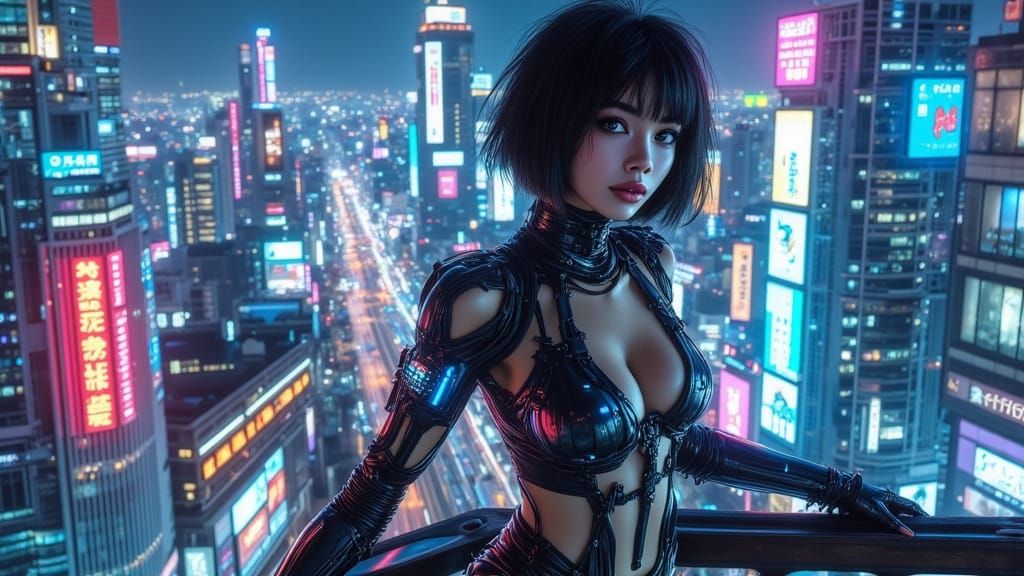 Cyberpunk Goddess Leaps into Futuristic Tokyo