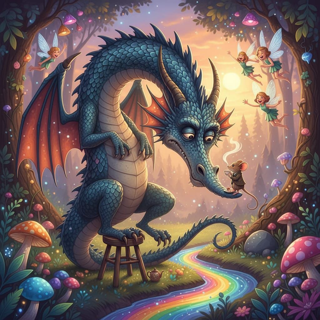 Dragon Balancing on Stool with Mouse, Humorous Fantasy Art