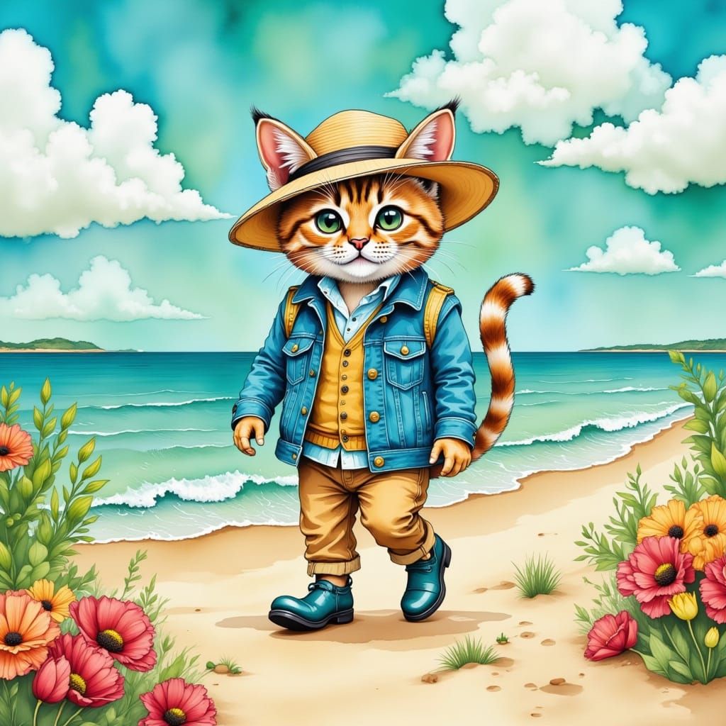 Whimsical Beach Cat in Fitted Jean Jacket