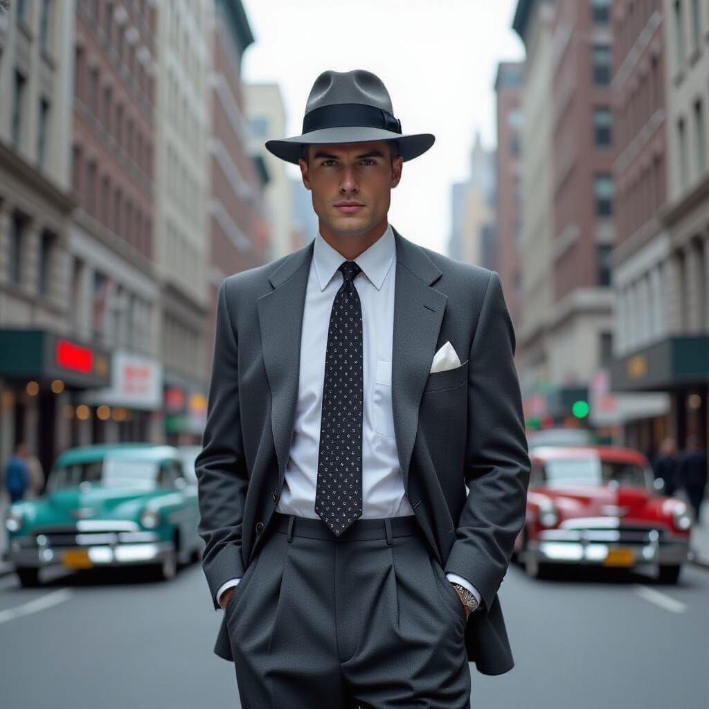 1950s Man in Grey Suit, Matte Painting Style