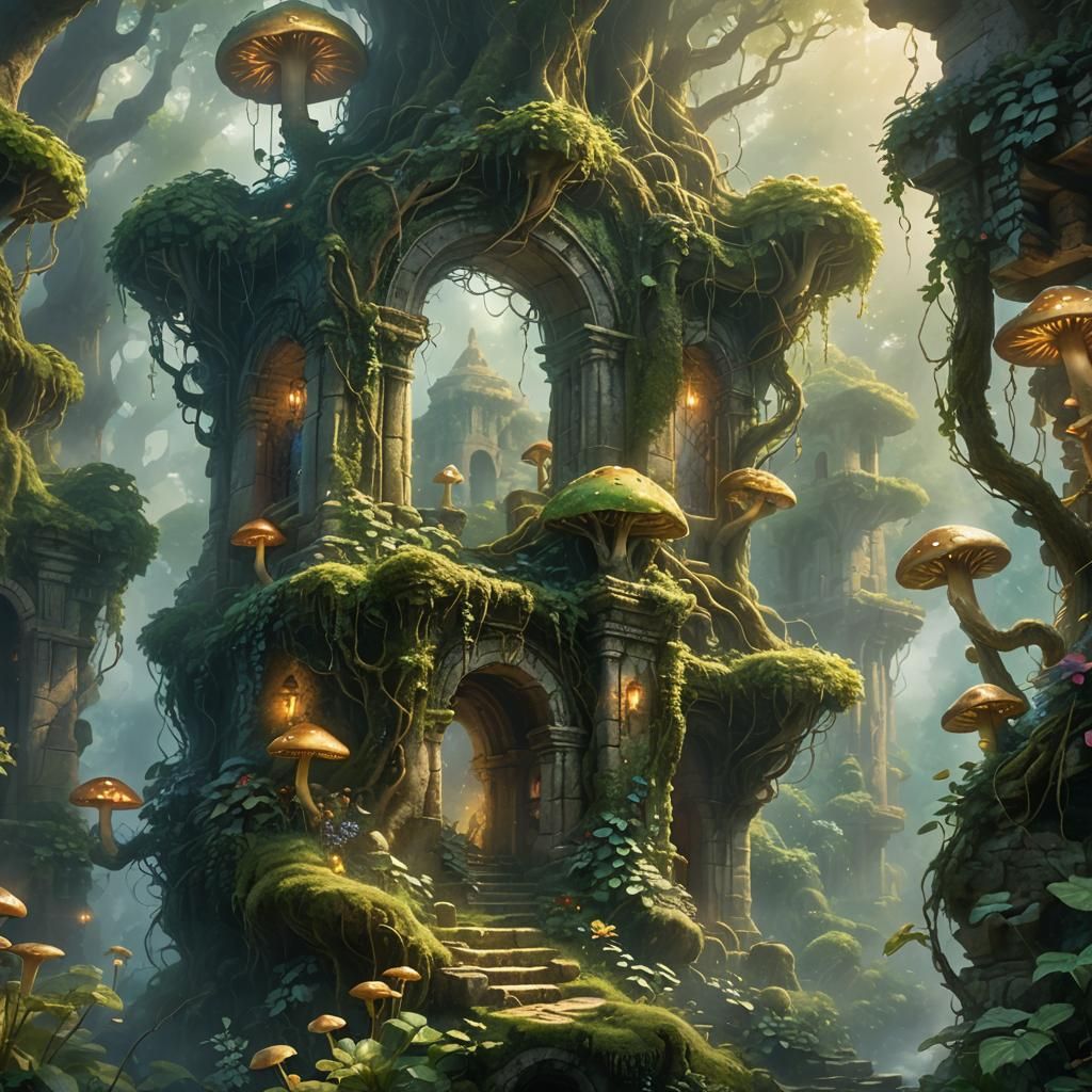 Mystical Forest Ruins in Soft Golden Light