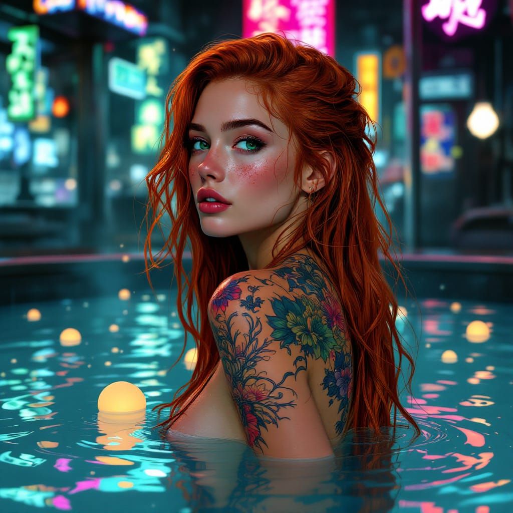 Futuristic Onsen Bathhouse in Neon-Lit Dystopia