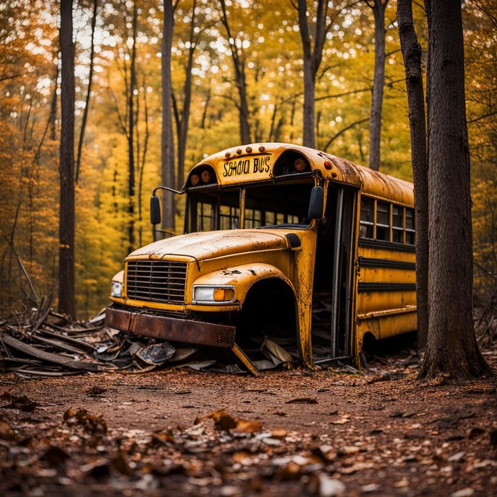 Surreal Horror: Rusted School Bus in Autumnal Forest