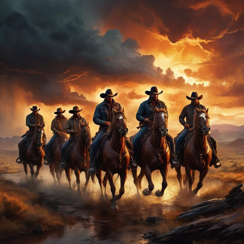 Epic Cowboy Riders in Stormy Sunset Landscape