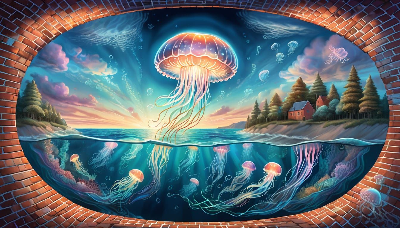 Chalk Art Illusion: Jellyfish Reflection on Brick Mirror