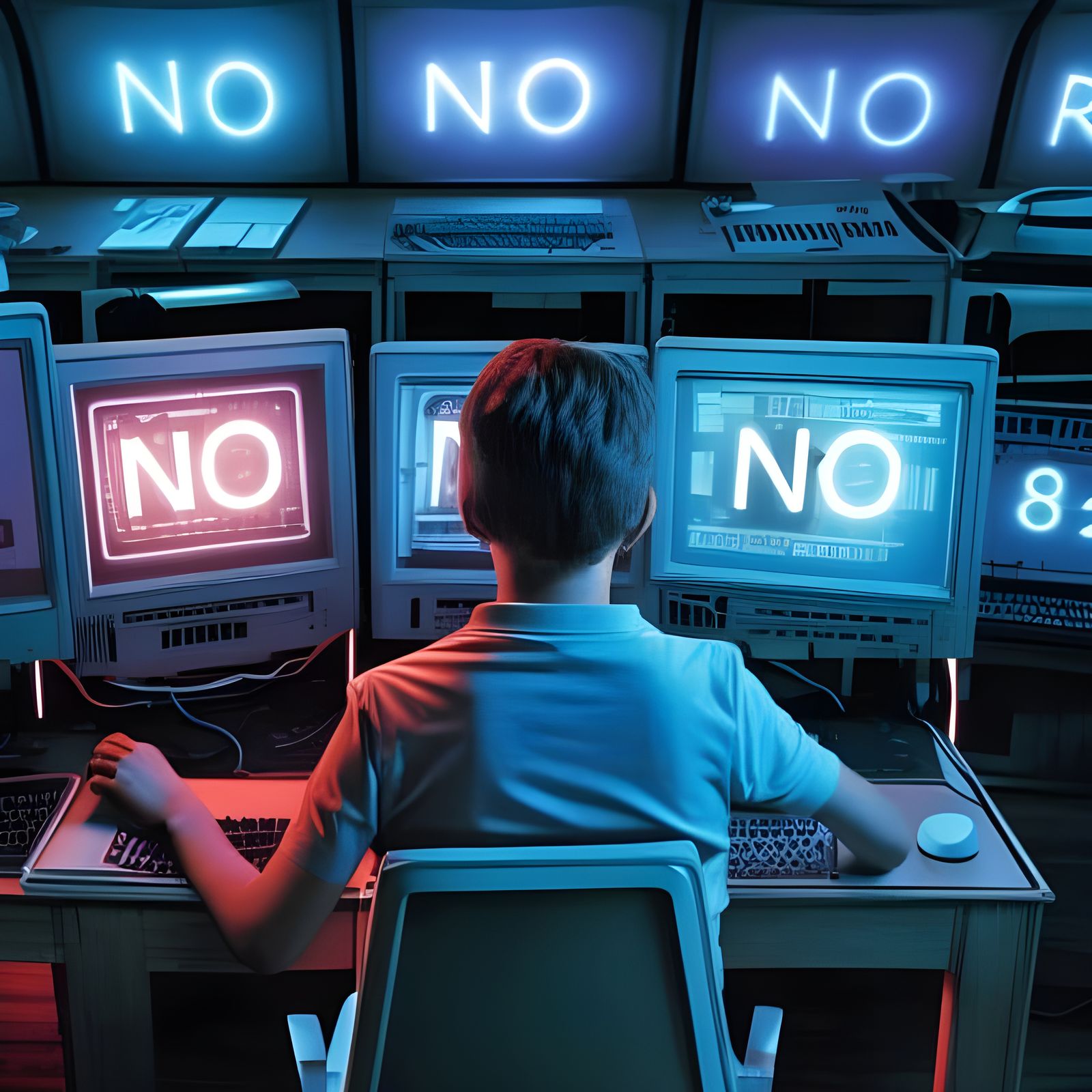 Retro Sci-Fi Computer Monitors Displaying 'NO'