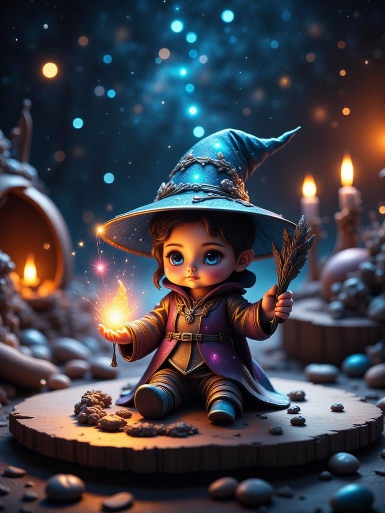 Chibi Wizard Casting Spell with Fractal Details