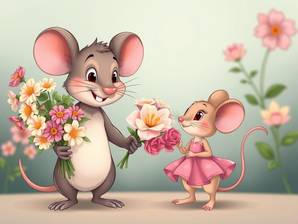 Cartoon Mice in Love with Flowers