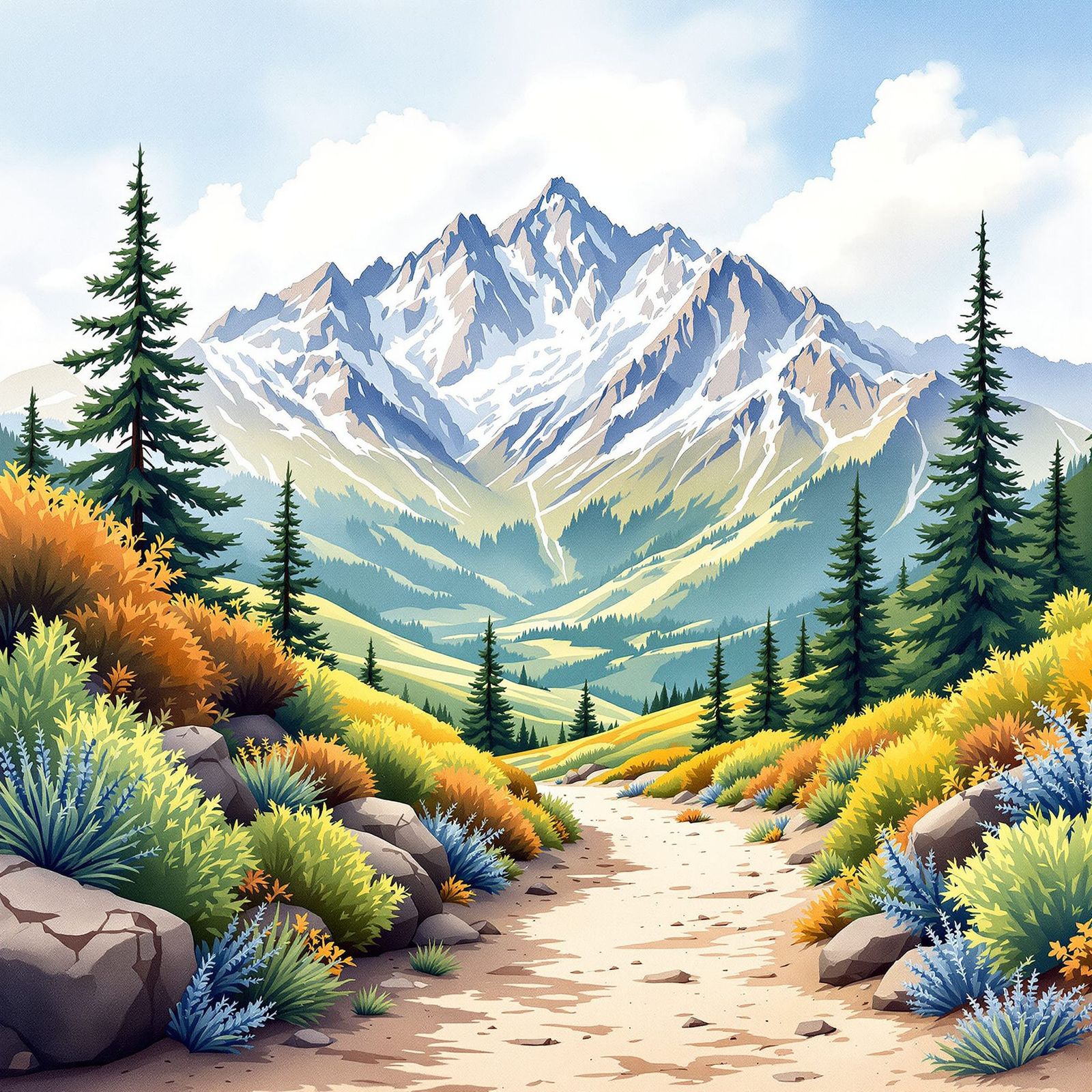 Vibrant Watercolor Mountain Landscape with Winding Path
