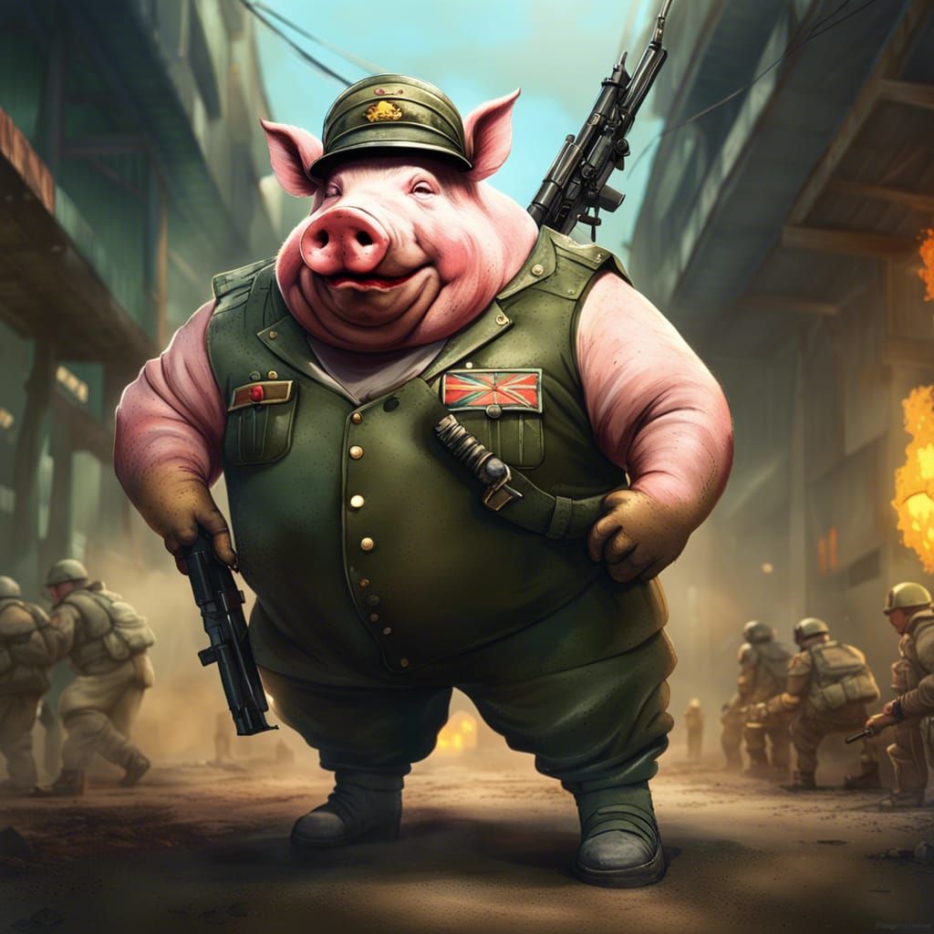 Pig in Army Uniform: Hyperrealistic Digital Art