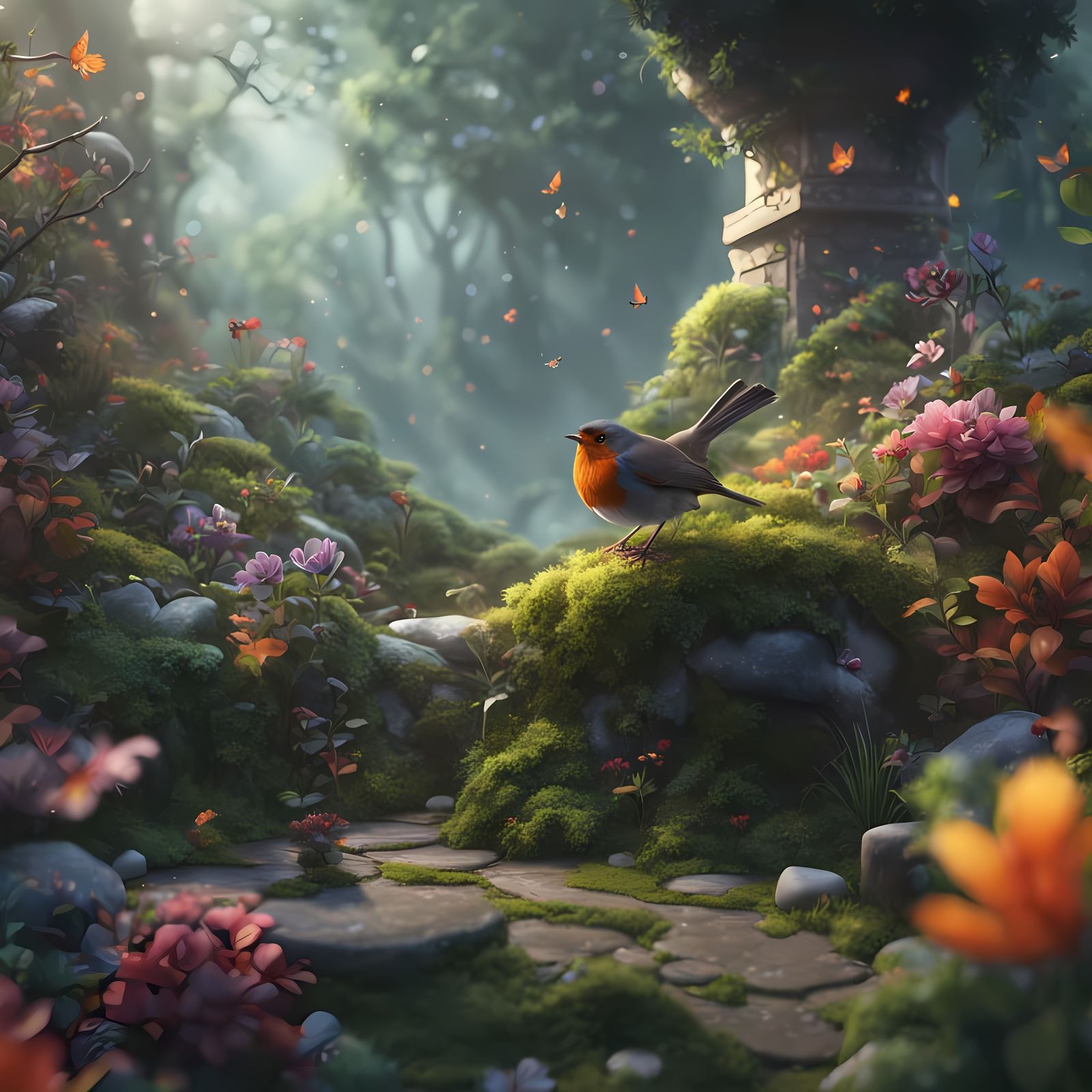 Vibrant Secret Garden Wonderland with Enchanted Robin