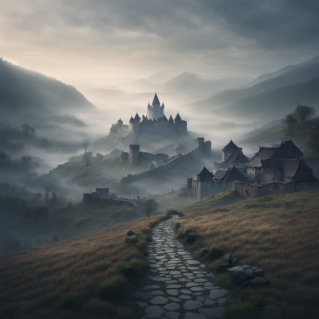 Ancient Village and Castle in Misty Valley