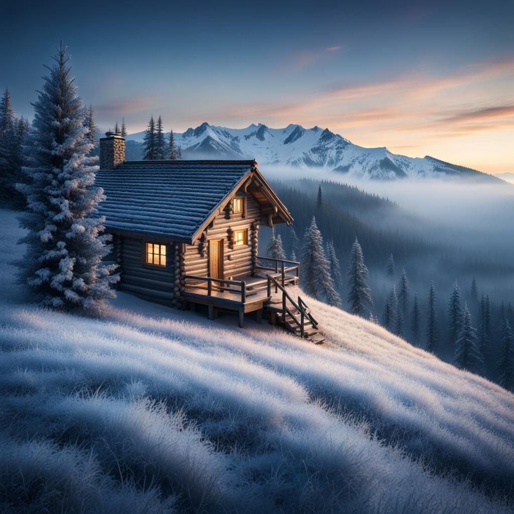 Lonely Cabin in Winter Blue Hour