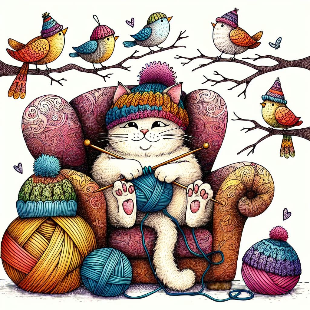 Whimsical Cat Knits Hats for Birds, Filigree Illustration