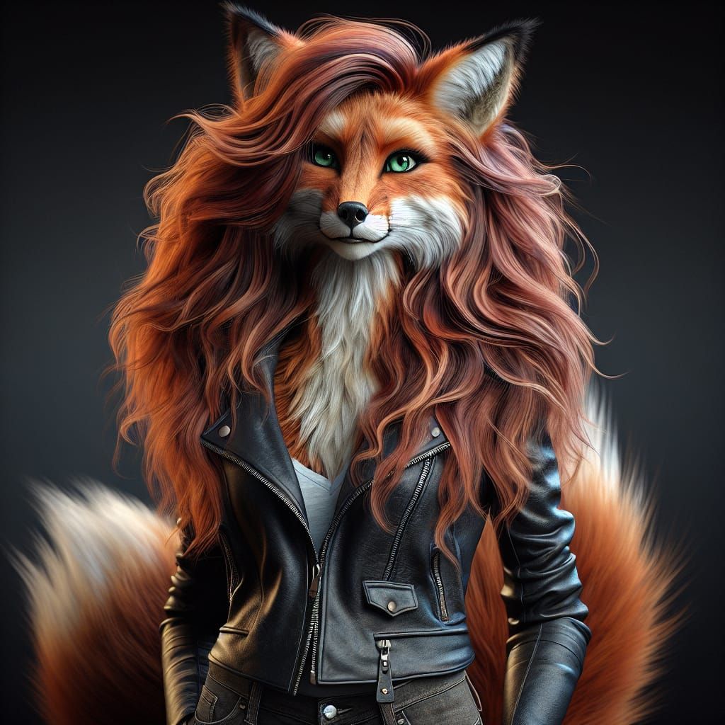 Anthropomorphic Fox Woman in Biker Outfit