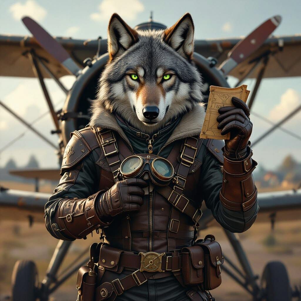 Steampunk Wolf Pilot in Hyperrealistic Digital Art