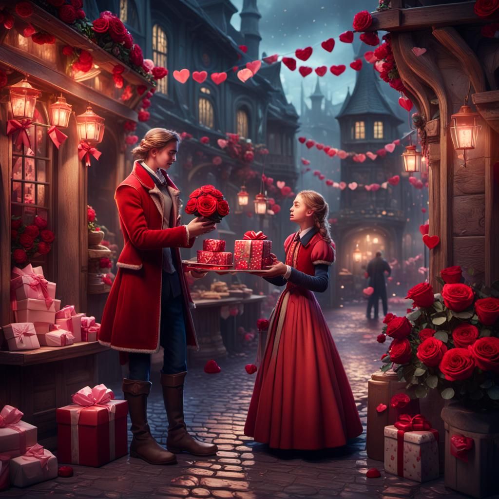 Romantic Valentine's Day Scene in Detailed Fantasy Style