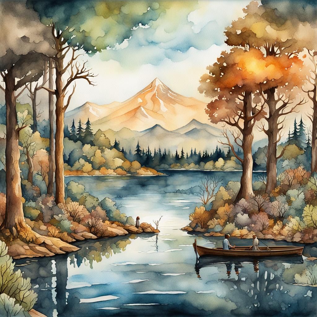 Atmospheric Watercolour Lake with Fantasy Embellishments