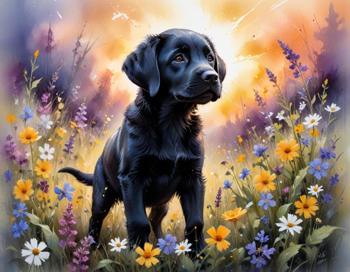 Black Lab Puppy in Wildflowers: Watercolour Sunset