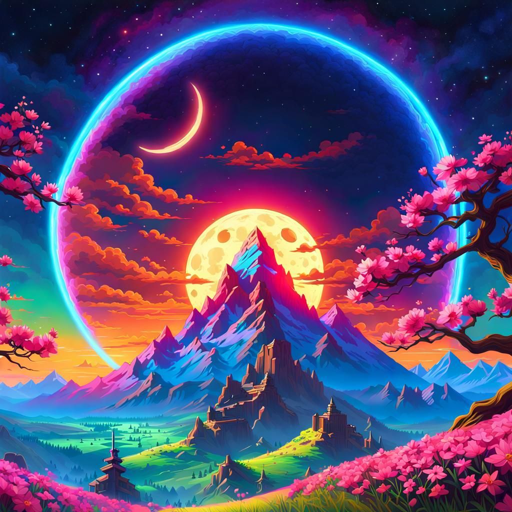 Neon Floral Mountain in 'Breath of the Wild' Style