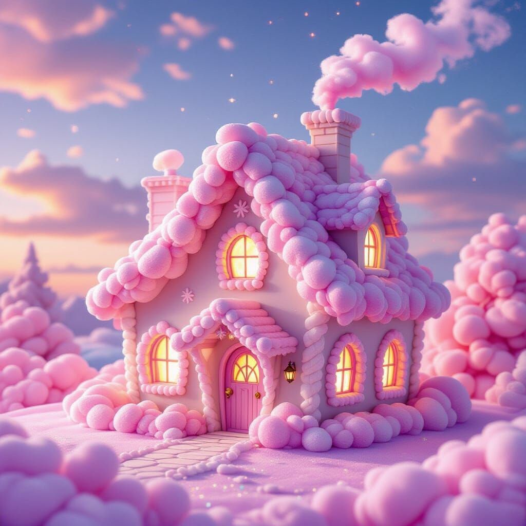 Whimsical Cotton Candy Fairytale House at Twilight