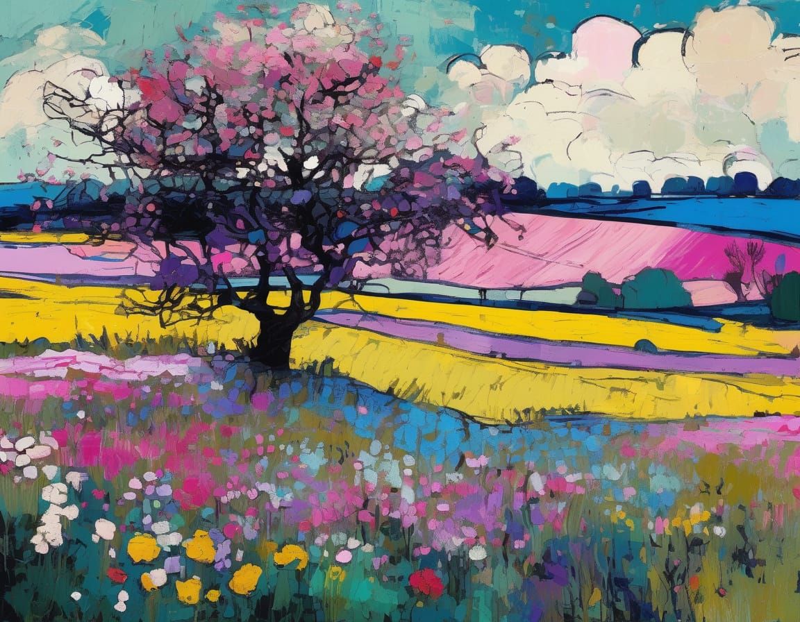 Grunge Spring Landscape in Vibrant Pop Art Style